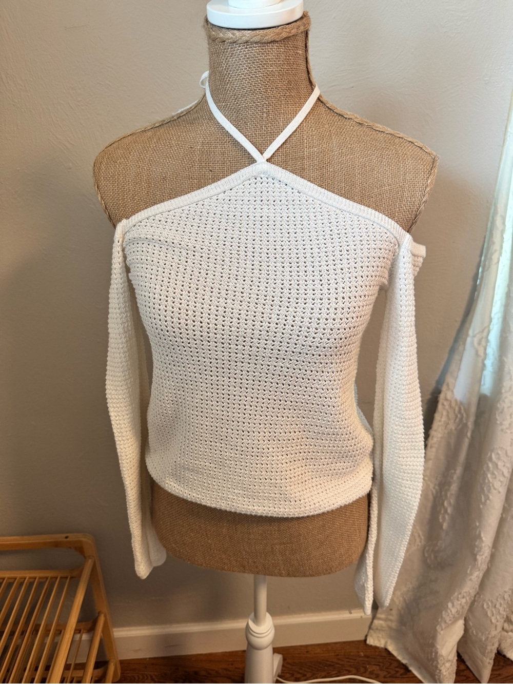 Off-Shoulder White Halter Crochet Sweater